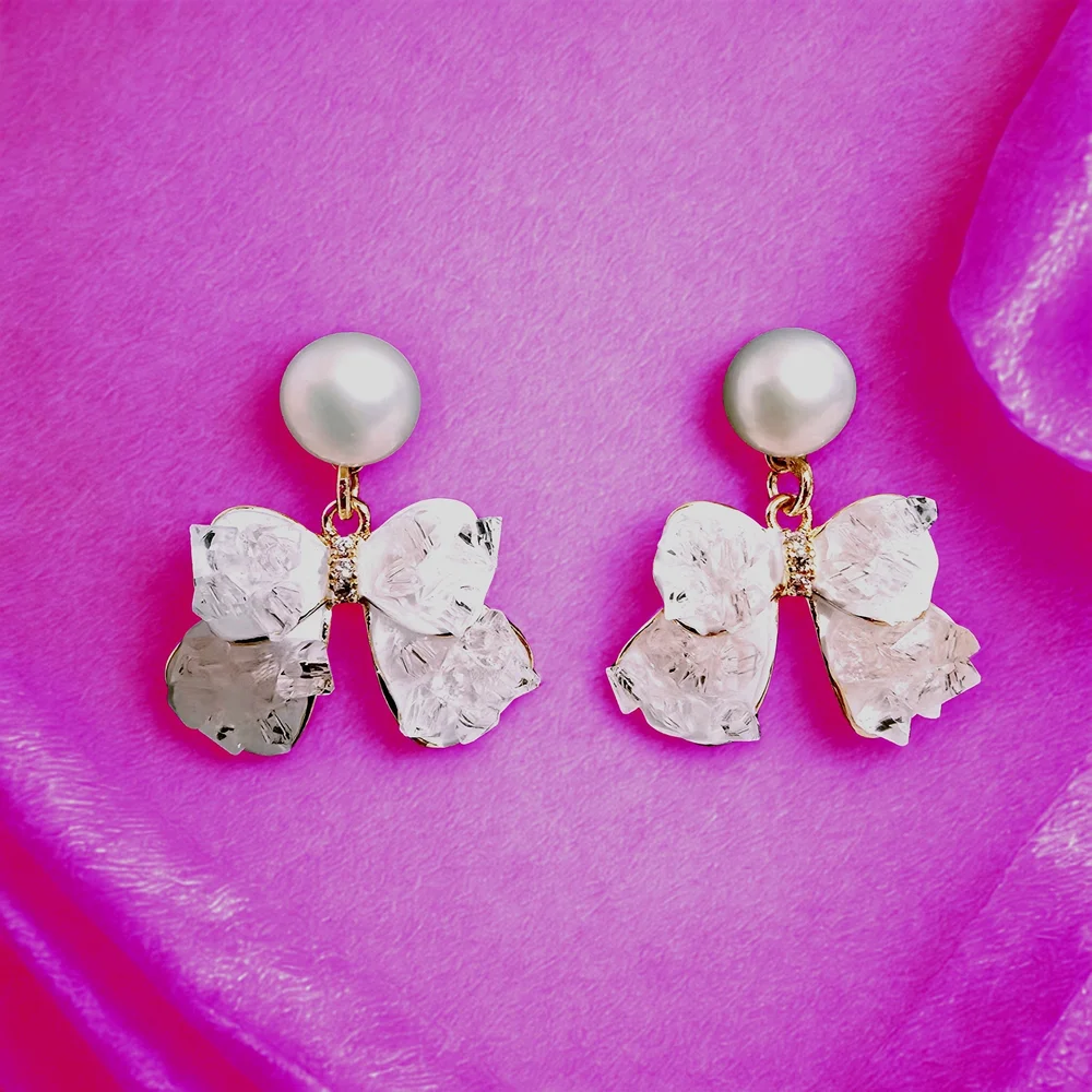 S925 Needle‎ Freshwater Pearl Gradient Light Pink Iced Crystal Butterly Earrings
